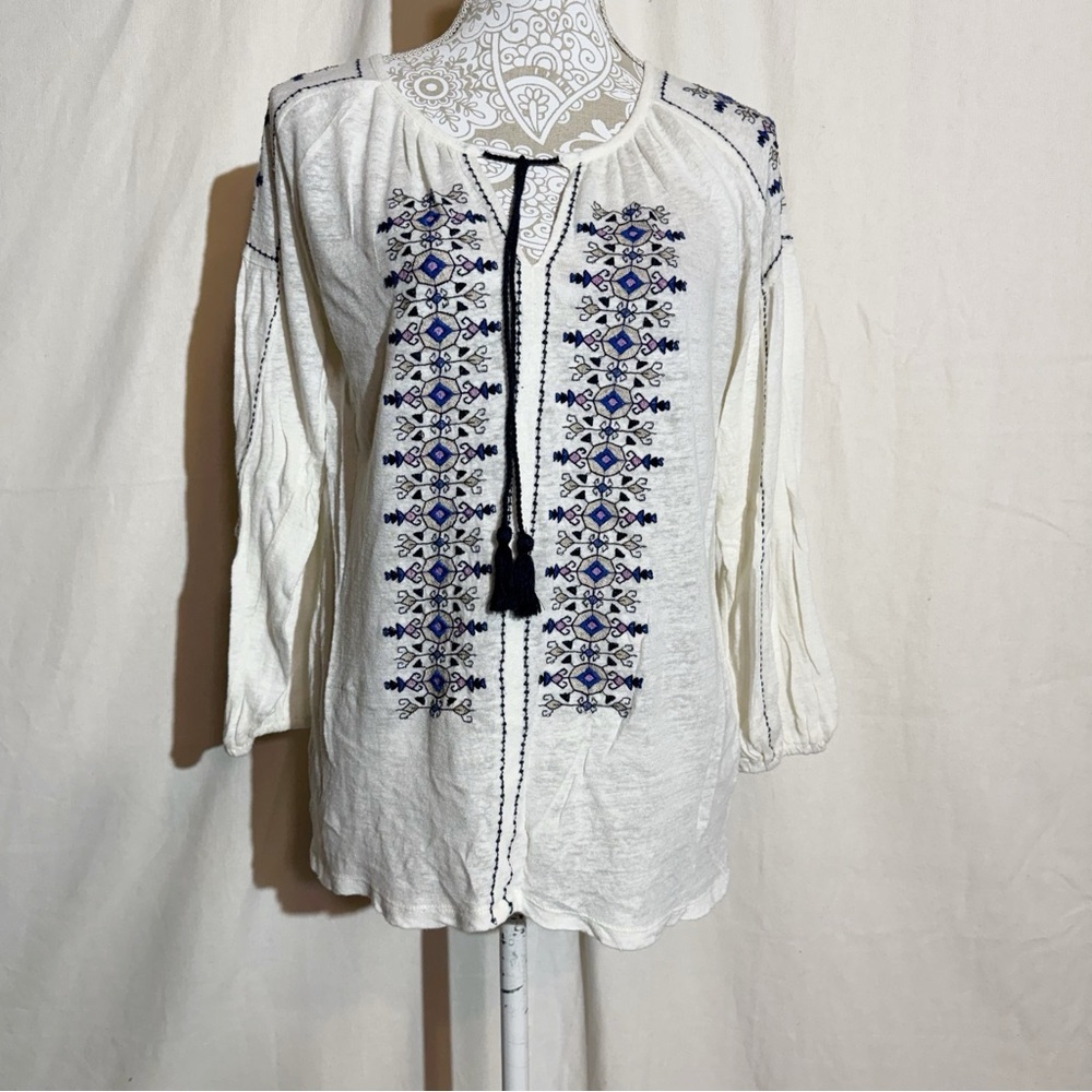 Lucky brand // white embroidered popover long sleeve boho top size small mar1